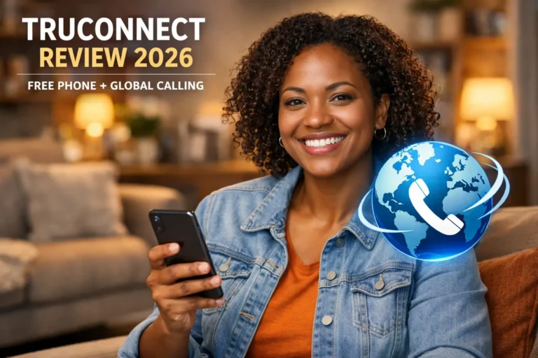 Happy person holding a smartphone with international calling graphic, TruConnect Review 2026 free phone and global calling