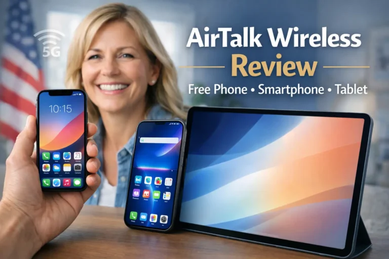 AirTalk Wireless review showing free government phone smartphone and tablet