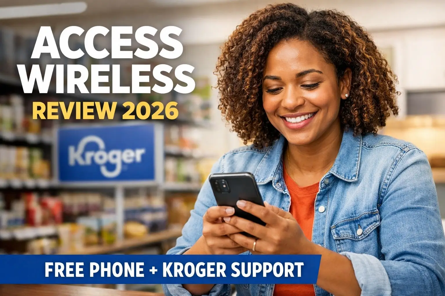 Friendly person using a smartphone inside a bright grocery store representing Access Wireless Review 2026 with free phone and Kroger support