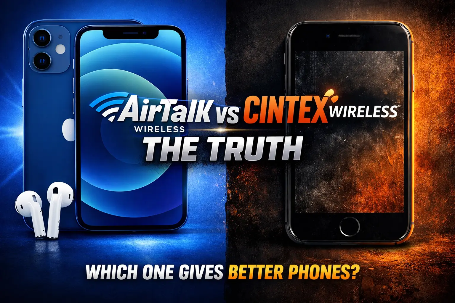 AirTalk vs Cintex Wireless comparison showing modern iPhone with AirTalk branding and older iPhone with Cintex branding side by side