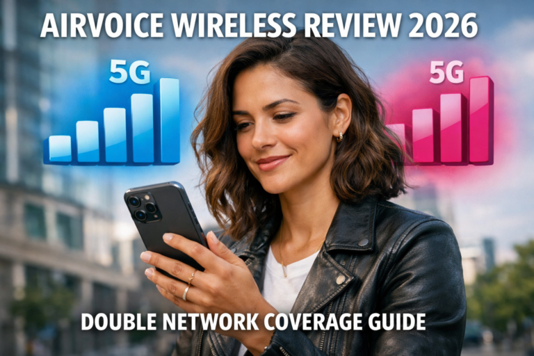 AirVoice Wireless Review 2026 showing dual 5G network coverage using AT&T and T-Mobile on a modern smartphone