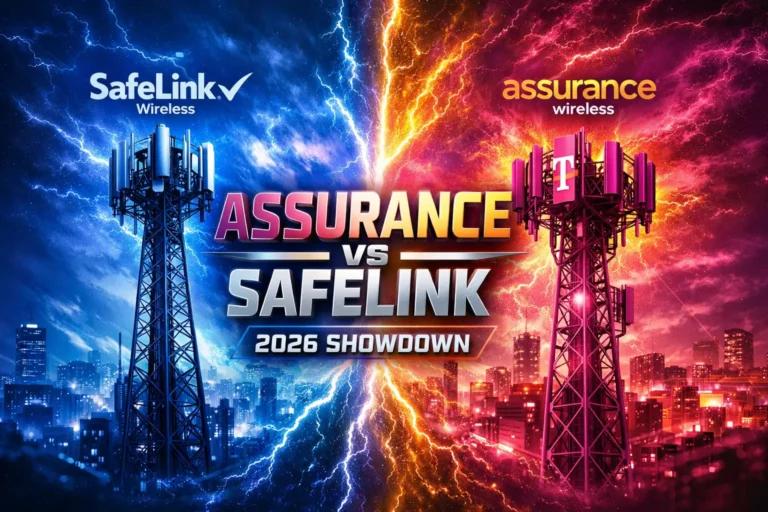 Split-screen graphic comparing Assurance Wireless and SafeLink Wireless in 2026, with SafeLink on a blue Verizon network theme and Assurance on a magenta T-Mobile 5G theme.