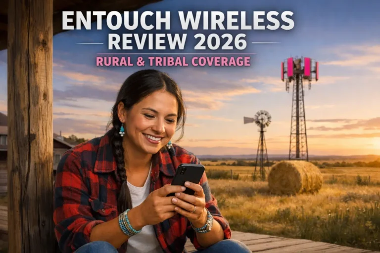 Person in rural America smiling while using smartphone showing Entouch Wireless rural and tribal coverage 2026