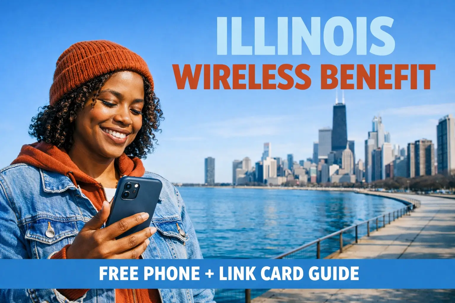 Illinois resident holding a smartphone with Chicago skyline showing Illinois Wireless Benefit free phone Link Card guide