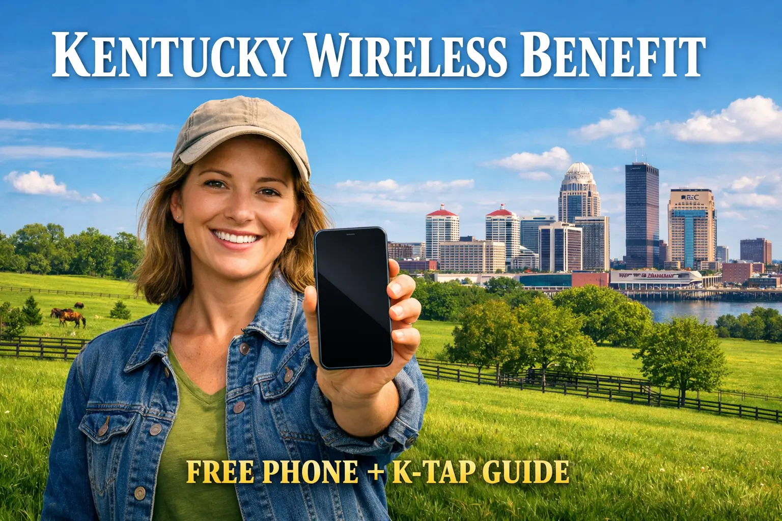 Kentucky resident holding a smartphone with Kentucky horse country background representing Kentucky Wireless Benefit free phone and K-TAP guide