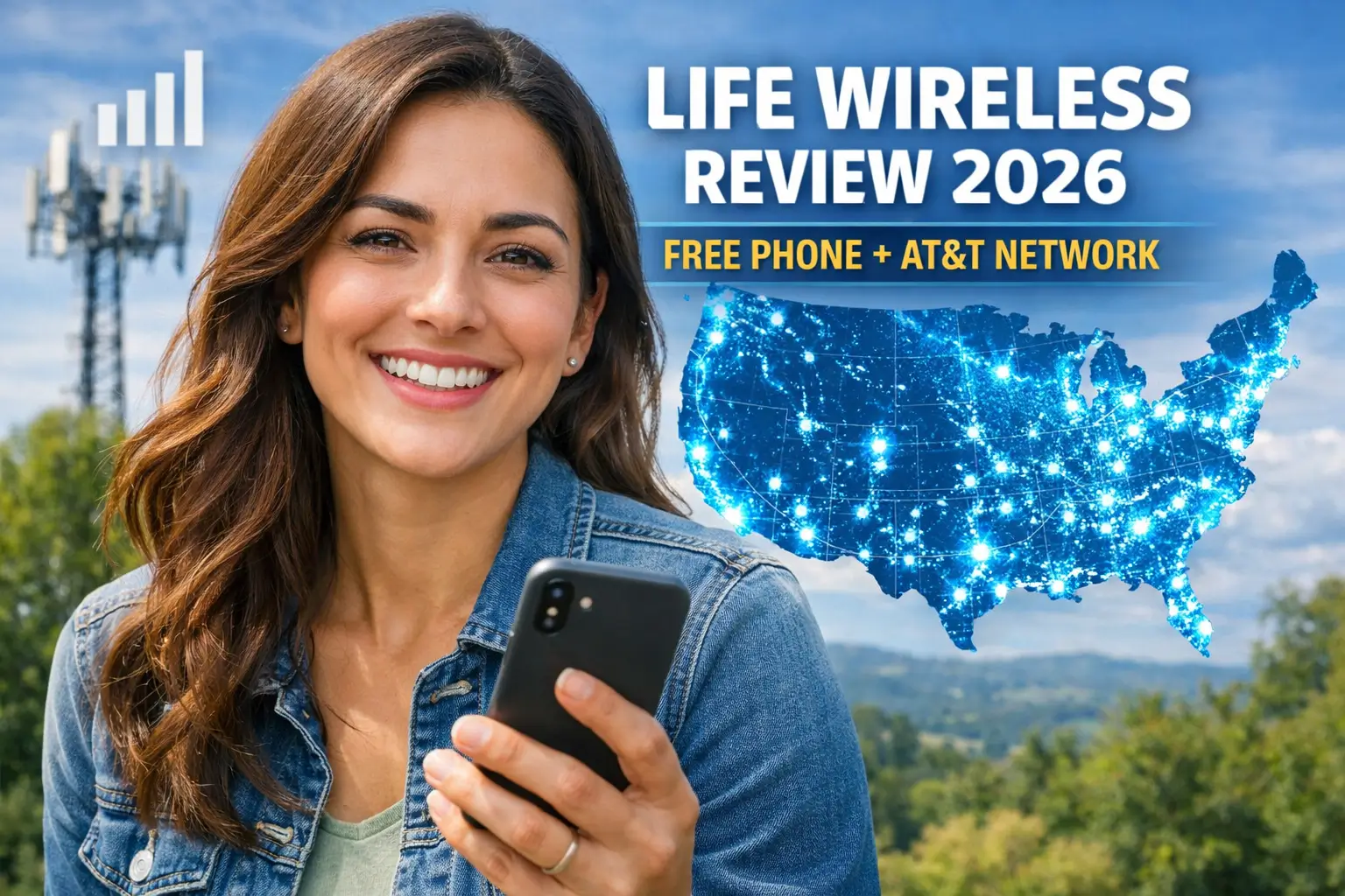 Life Wireless review 2026 showing a customer holding a smartphone with strong AT&T network coverage and free government phone service