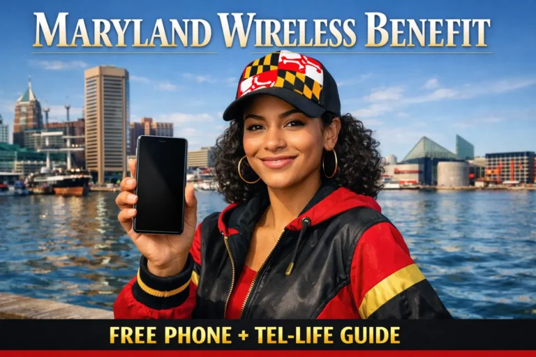 Maryland resident holding a smartphone at Baltimore Inner Harbor representing the Maryland Wireless Benefit free phone Tel-Life guide