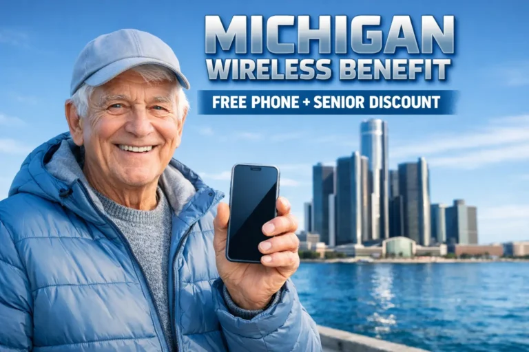 Senior citizen in Michigan holding a smartphone with Detroit skyline background promoting Michigan Wireless Benefit free phone and senior discount