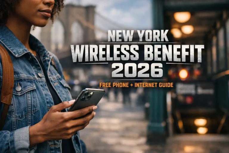 Urban New York City scene with a person holding a smartphone, promoting the New York Wireless Benefit 2026 free phone and internet guide.