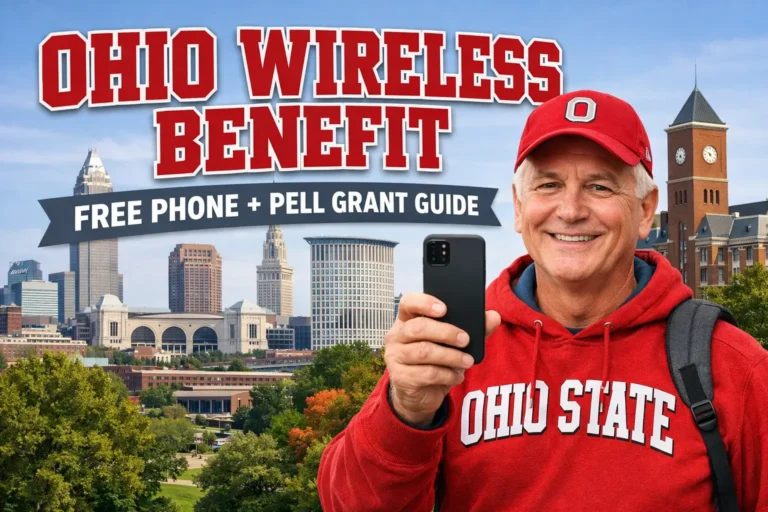Student or senior holding a smartphone with Cleveland skyline and Ohio State campus background promoting Ohio Wireless Benefit free phone and Pell Grant guide.