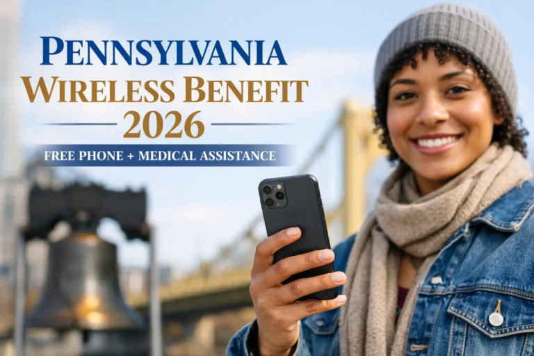 Pennsylvania resident holding a smartphone with Liberty Bell or Pittsburgh bridge in background representing free wireless benefit 2026