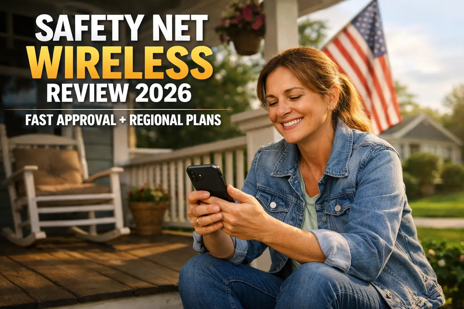 Safety Net Wireless review 2026 image of a person using a smartphone at a suburban American home showing fast approval and regional Lifeline plans