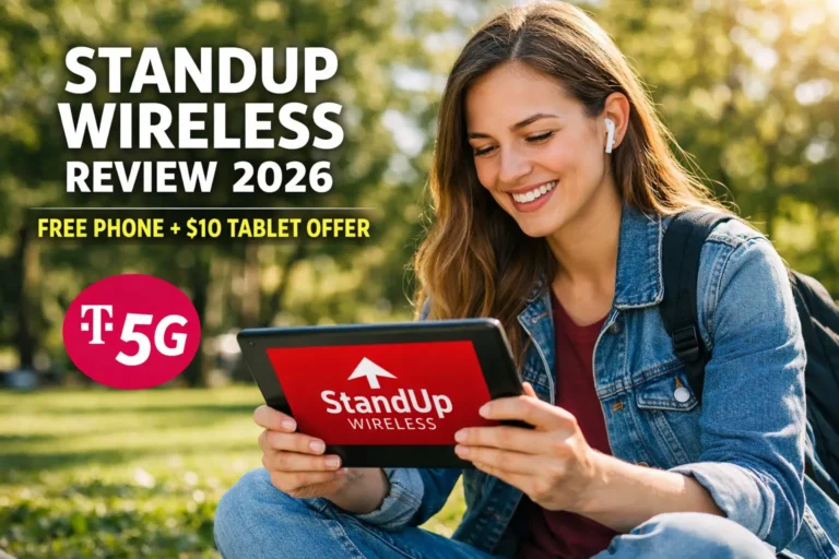 Student using a 10-inch tablet outdoors representing StandUp Wireless free phone and $10 tablet offer on T-Mobile 5G in 2026