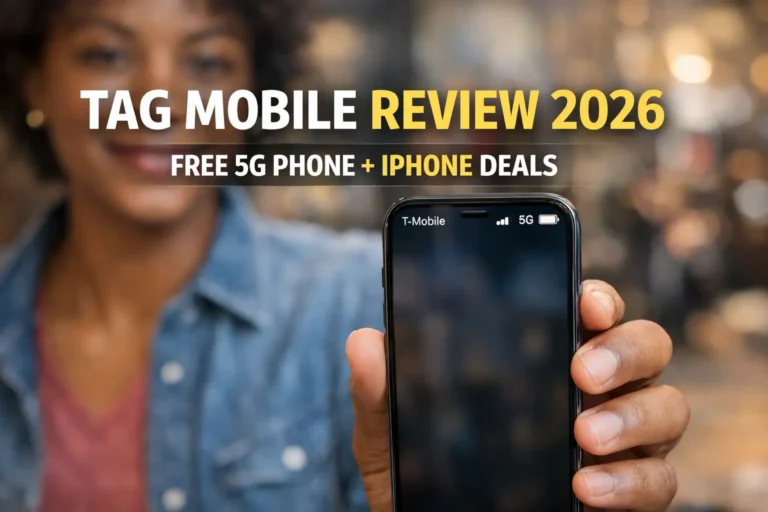 User holding a smartphone with T-Mobile 5G signal for TAG Mobile Review 2026 free 5G phone and iPhone deals