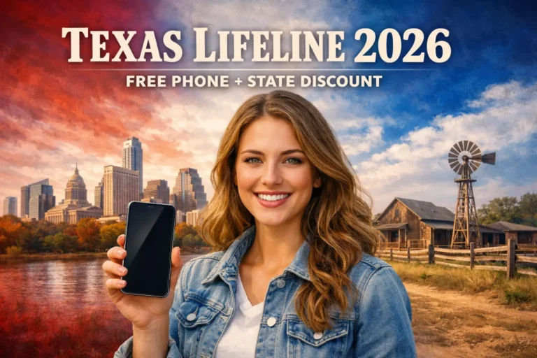 High quality lifestyle image showing a Texas resident holding a modern smartphone with Austin skyline and ranch elements, promoting the Texas Lifeline 2026 program with free phone and added state discount benefits.