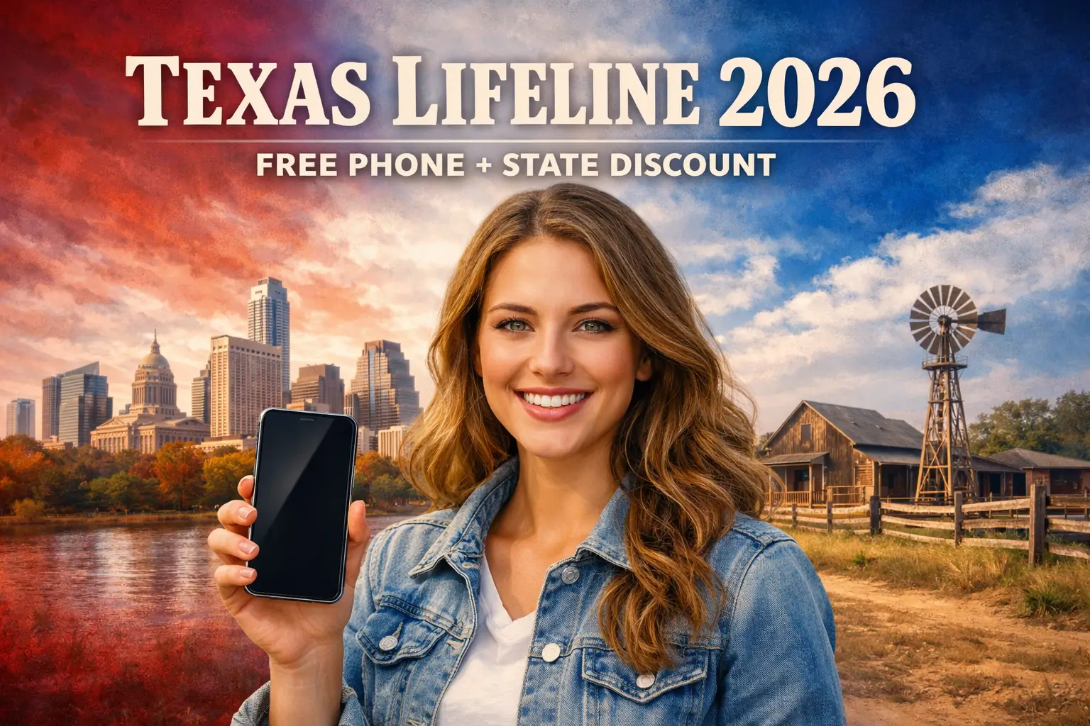 High quality lifestyle image showing a Texas resident holding a modern smartphone with Austin skyline and ranch elements, promoting the Texas Lifeline 2026 program with free phone and added state discount benefits.