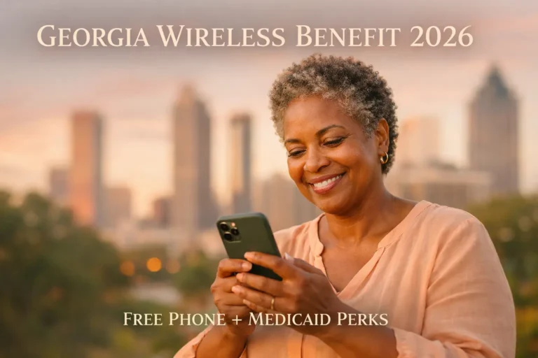 The Peach State Advantage infographic showing Georgia resident benefits including Federal Lifeline discount, Link-Up Georgia reduced setup fees, and Peach State Health Plan enhanced device benefits.
