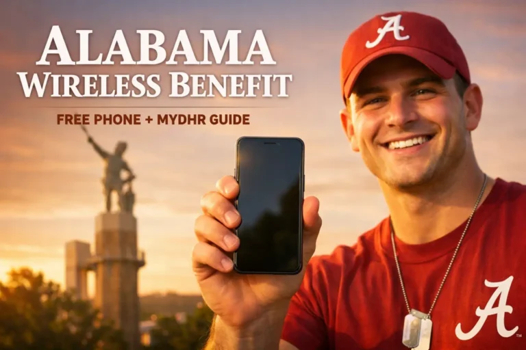 Alabama student holding smartphone with Birmingham Vulcan statue at sunset promoting Alabama Wireless Benefit free phone MyDHR guide