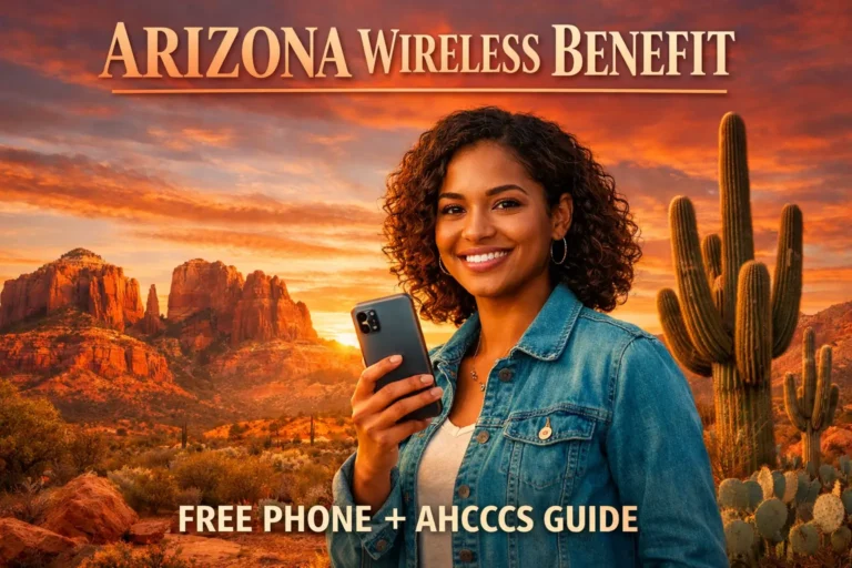 Smiling Arizona student holding smartphone at sunset with Sedona red rocks and Saguaro cactus background promoting Arizona Wireless Benefit free phone and AHCCCS guide.