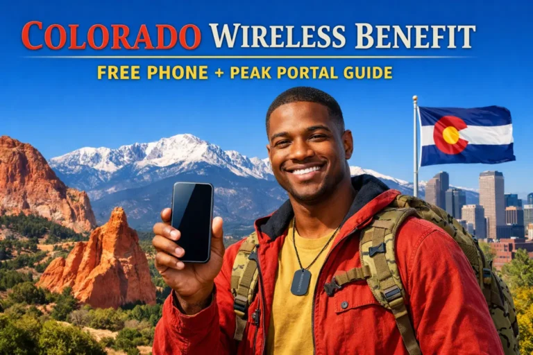 Student holding smartphone in front of Rocky Mountains and Denver skyline with text Colorado Wireless Benefit Free Phone Peak Portal Guide