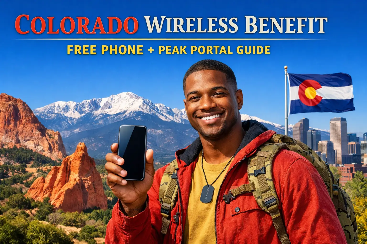 Student holding smartphone in front of Rocky Mountains and Denver skyline with text Colorado Wireless Benefit Free Phone Peak Portal Guide