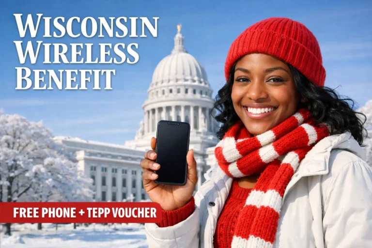 Smiling Wisconsin resident holding smartphone in snowy Madison Capitol background promoting Wisconsin Wireless Benefit free government phone 2026.