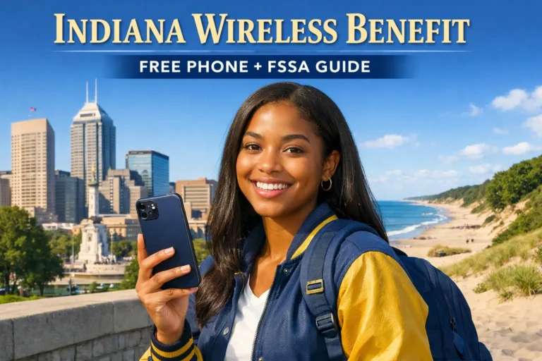 Smiling Indiana resident holding a smartphone with Indianapolis skyline and Indiana Dunes in background, navy and gold Indiana Wireless Benefit banner reading Free Phone plus FSSA Guide.