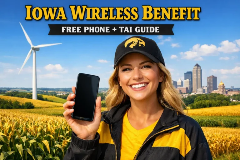 Smiling person holding a smartphone in Iowa farmland with wind turbine and Des Moines skyline, gold and black Iowa Wireless Benefit theme.