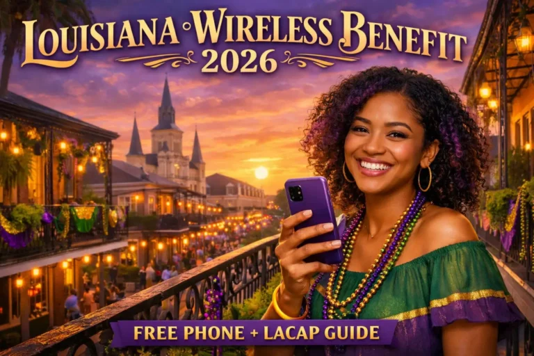 Louisiana resident holding a smartphone in New Orleans with French Quarter balcony during sunset representing the Louisiana wireless benefit 2026 free phone program