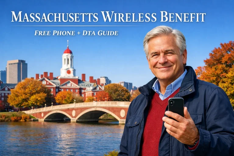 Massachusetts resident holding a smartphone in Boston under the Massachusetts Wireless Benefit free phone and DTA guide program