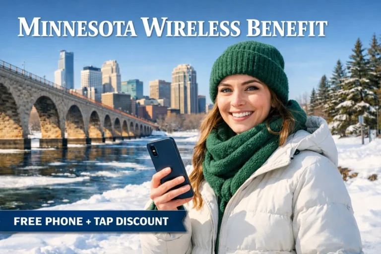 Minnesota resident holding smartphone near Minneapolis Stone Arch Bridge in winter promoting free government phone and TAP discount program