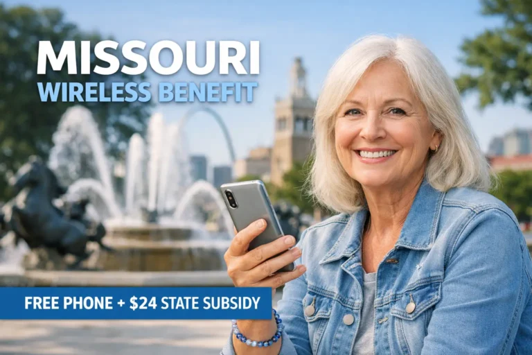Senior or student in Missouri holding a smartphone with the Gateway Arch in St. Louis in the background, representing the Missouri Lifeline wireless benefit with free phone access.