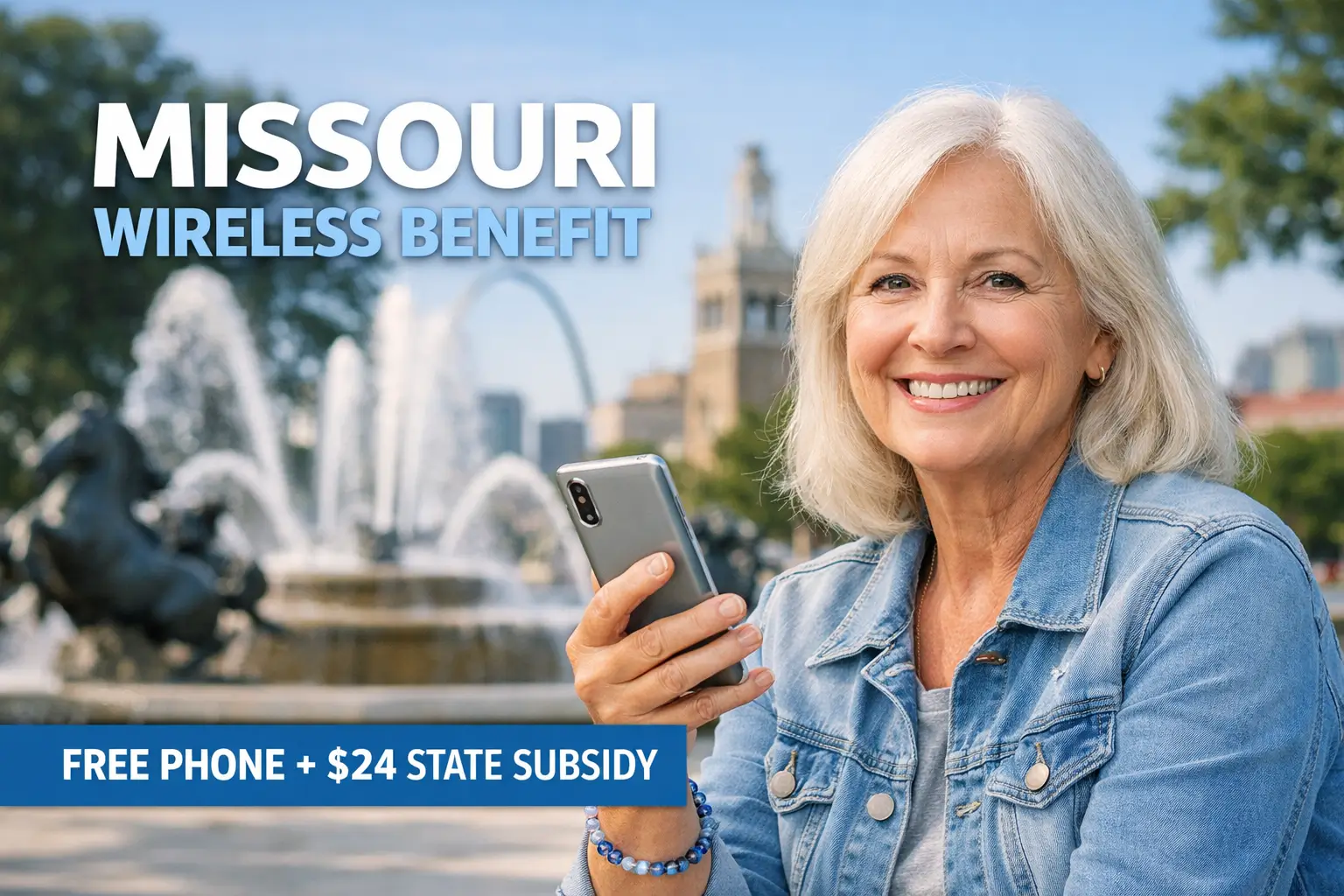 Senior or student in Missouri holding a smartphone with the Gateway Arch in St. Louis in the background, representing the Missouri Lifeline wireless benefit with free phone access.