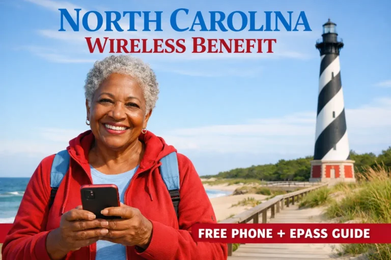 Smiling North Carolina senior holding a smartphone near Outer Banks lighthouse promoting North Carolina Wireless Benefit free phone and ePass guide.