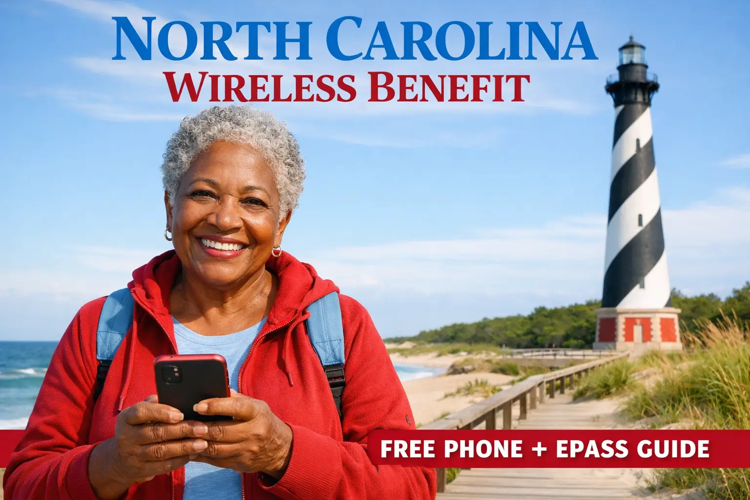 Smiling North Carolina senior holding a smartphone near Outer Banks lighthouse promoting North Carolina Wireless Benefit free phone and ePass guide.