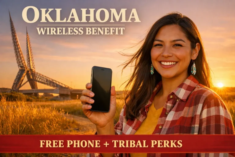 Smiling Oklahoma resident holding a smartphone at sunset near the Scissortail Bridge with text Oklahoma Wireless Benefit Free Phone and Tribal Perks