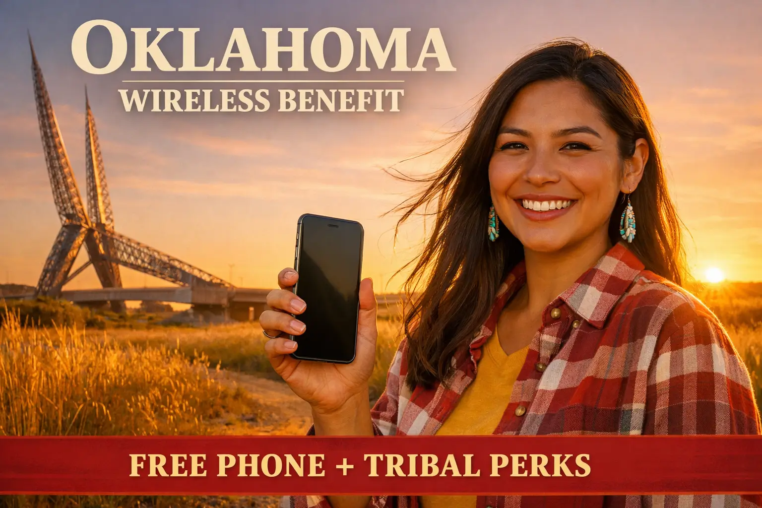 Smiling Oklahoma resident holding a smartphone at sunset near the Scissortail Bridge with text Oklahoma Wireless Benefit Free Phone and Tribal Perks