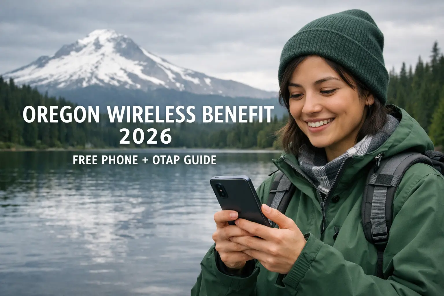 Smiling student hiker holding a smartphone with Mount Hood in the background, overcast Oregon light, text reads Oregon Wireless Benefit 2026 and Free Phone plus OTAP Guide.