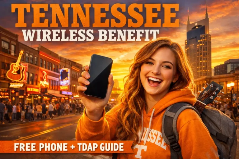 Student holding a smartphone in Tennessee at sunset with Nashville lights, promoting Tennessee Wireless Benefit free phone and TDAP guide.