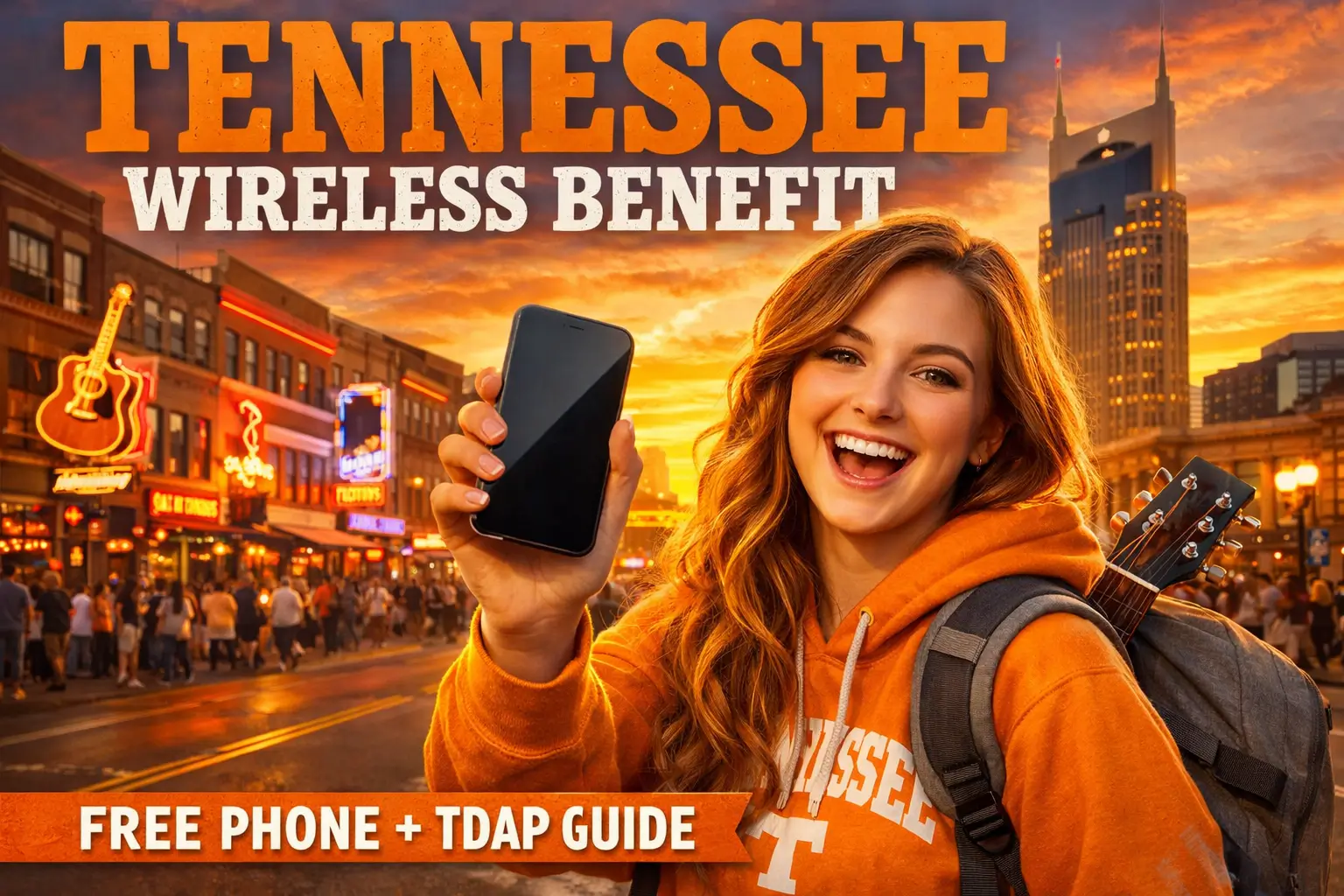 Student holding a smartphone in Tennessee at sunset with Nashville lights, promoting Tennessee Wireless Benefit free phone and TDAP guide.