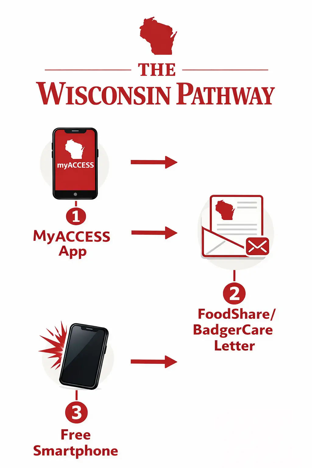 Wisconsin Lifeline eligibility flowchart showing MyACCESS app, FoodShare or BadgerCare letter, and free smartphone pathway in red and white design.