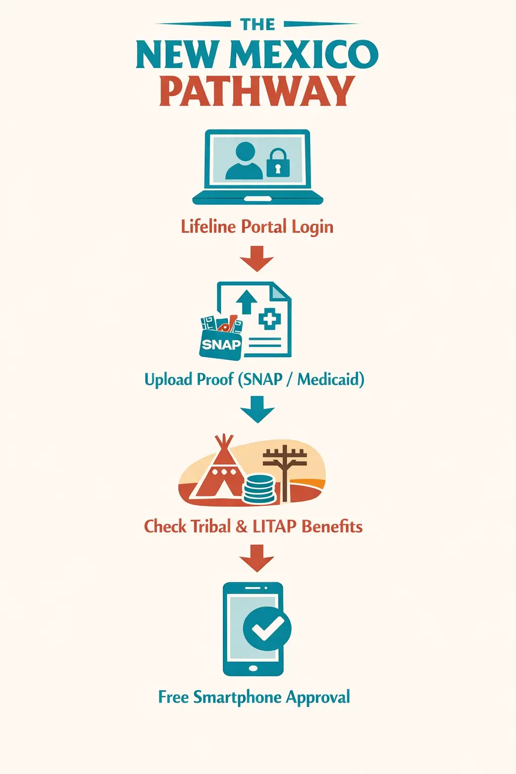 Flowchart showing New Mexico Lifeline steps from login to free smartphone approval with tribal benefits