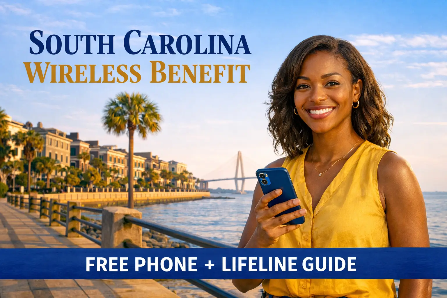 South Carolina resident holding smartphone with Ravenel Bridge background promoting Lifeline free phone program 2026