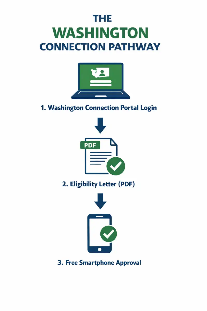 Washington Connection pathway infographic showing login to Washington Connection portal, eligibility letter, and free smartphone approval process