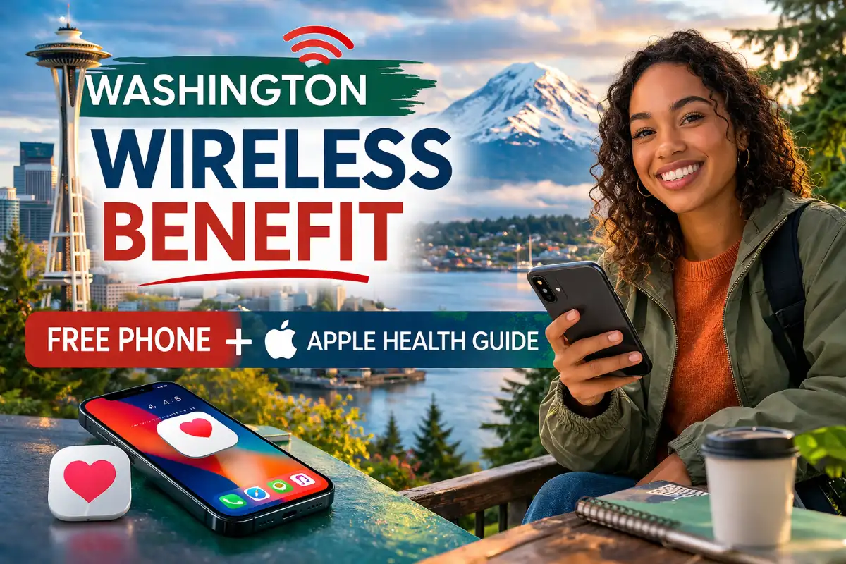 Washington resident holding smartphone with Seattle Space Needle background representing Washington Wireless Benefit free phone program