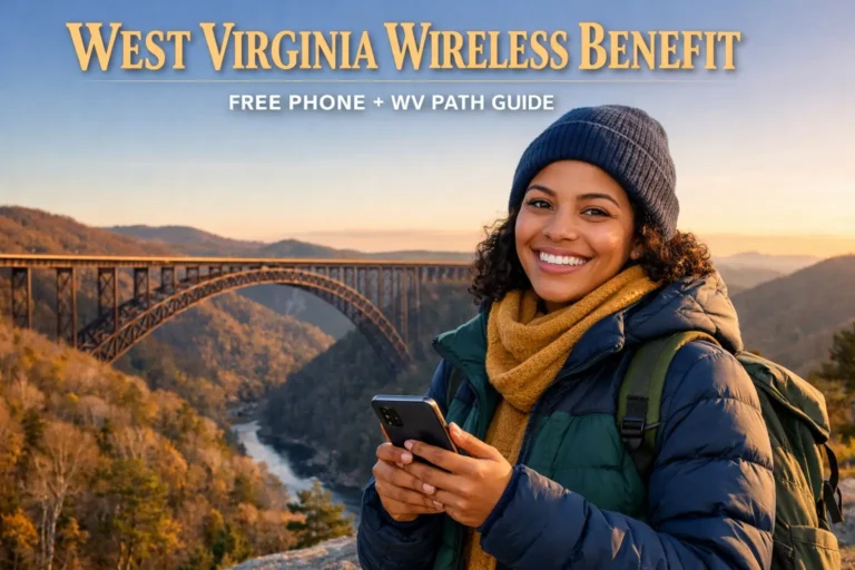 West Virginia resident holding smartphone near New River Gorge Bridge promoting West Virginia Wireless Benefit free phone program