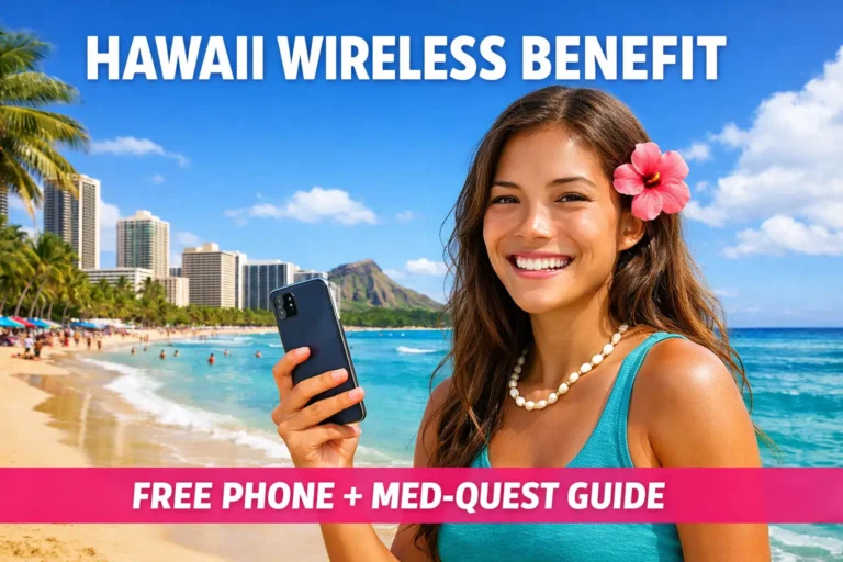 Hawaii resident holding smartphone at Waikiki Beach with Diamond Head background promoting free government phone and Med-QUEST guide