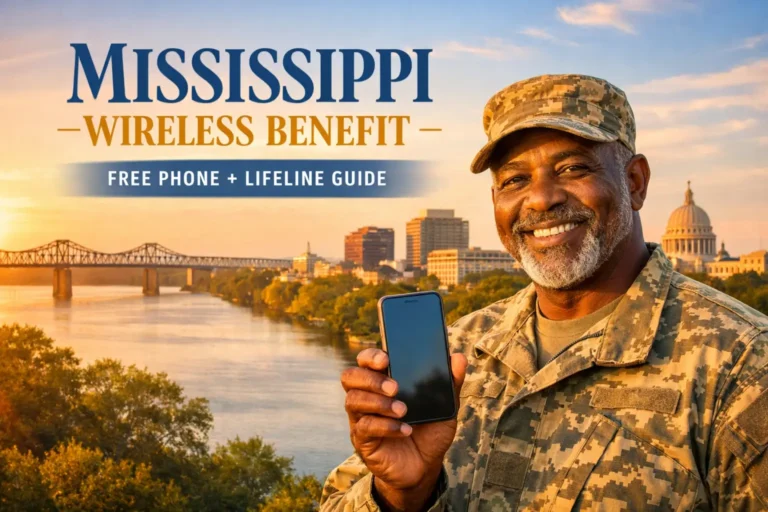 Smiling Mississippi resident holding smartphone at sunset with Mississippi Wireless Benefit free phone Lifeline guide text overlay