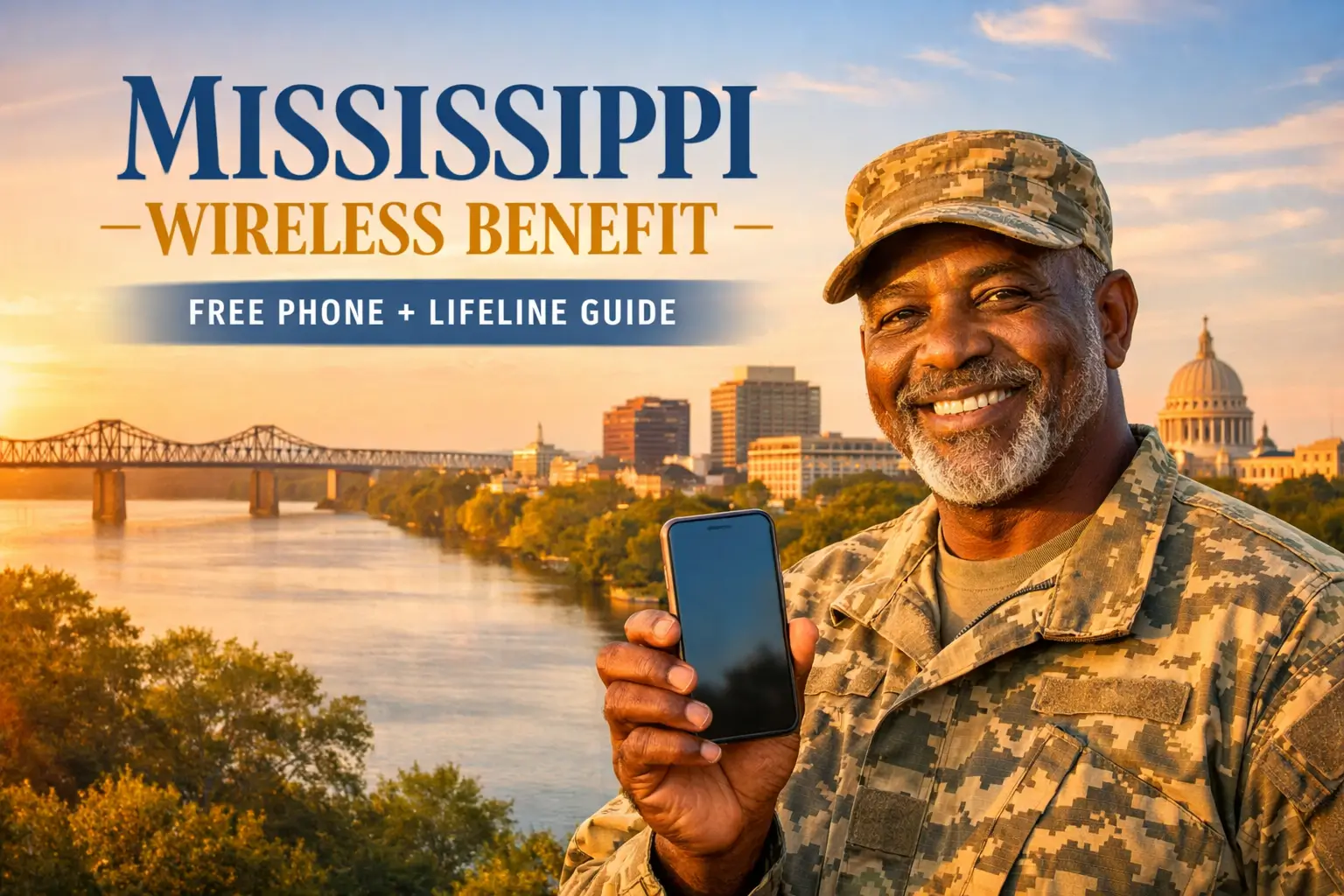 Smiling Mississippi resident holding smartphone at sunset with Mississippi Wireless Benefit free phone Lifeline guide text overlay