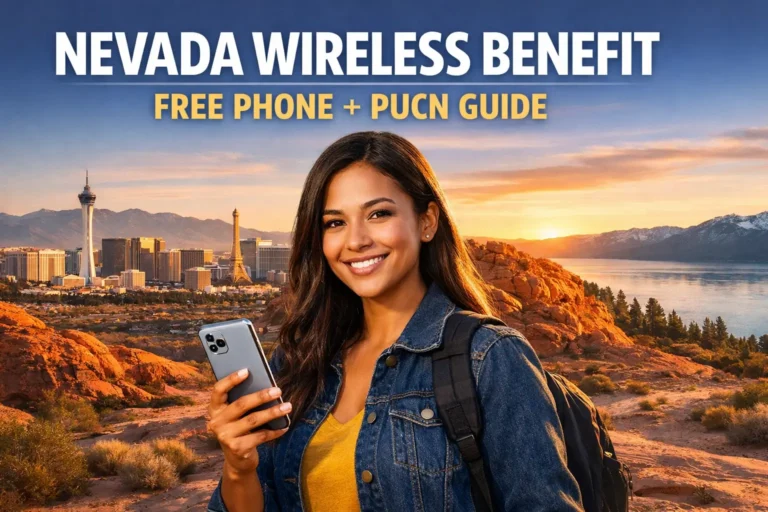 Nevada resident holding smartphone with Las Vegas skyline and desert landscape promoting Nevada Wireless Benefit free phone guide